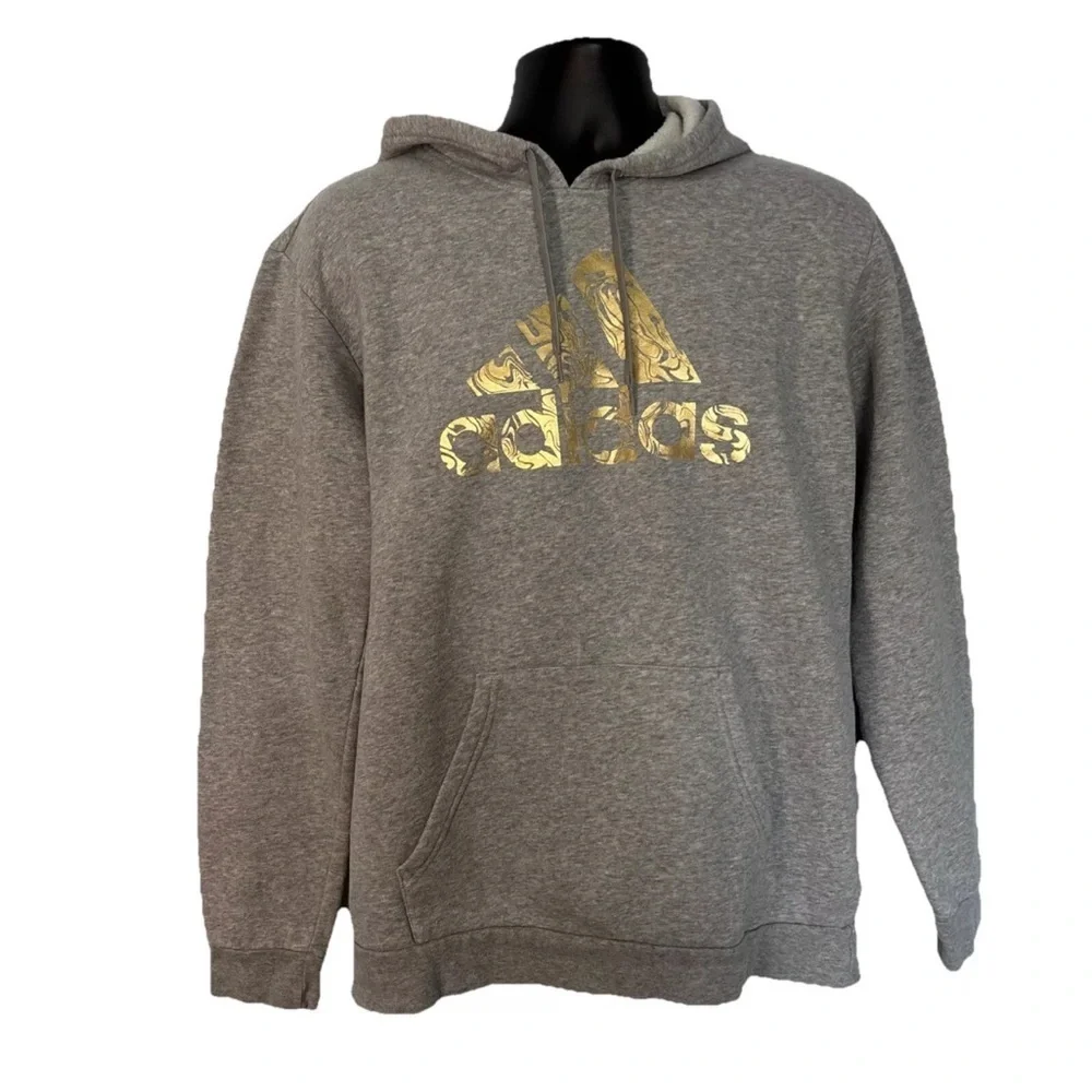 Adidas Pullover Hoodie Men Sz M Gray Sweatshirt Gold Liquid Foil